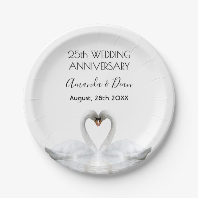 Assiettes En Carton 25e anniversaire du mariage cygne blanc argenté (Devant)
