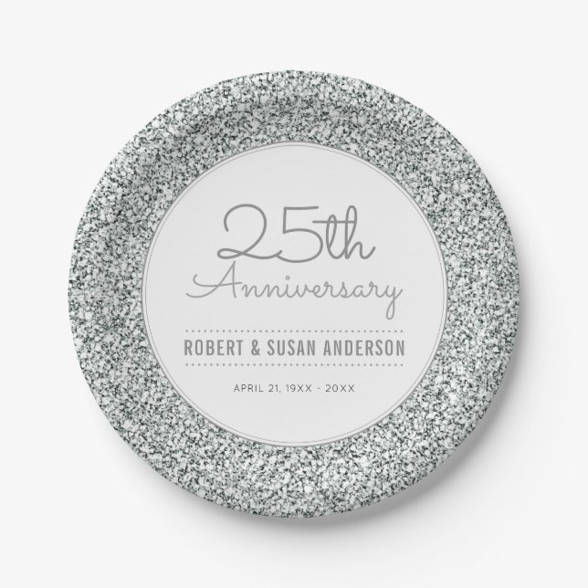 Assiettes En Carton 25e anniversaire du Mariage Parties scintillant d' (Devant)
