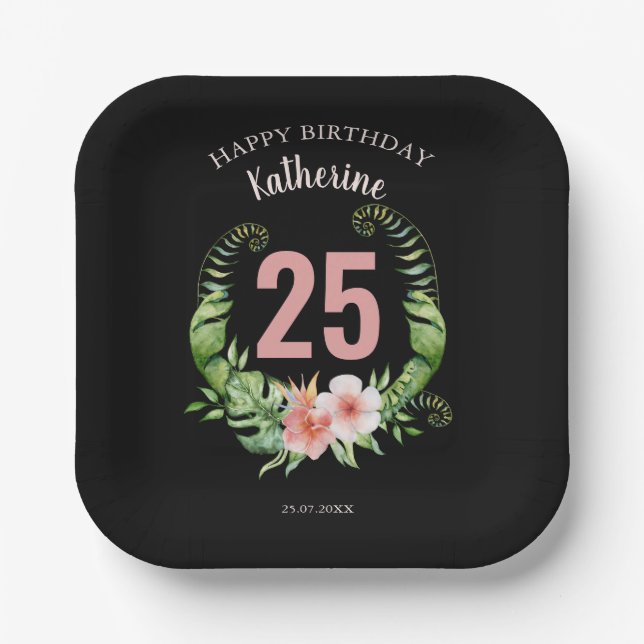 Assiettes En Carton 25e anniversaire noir Nom du script floral (Recto)