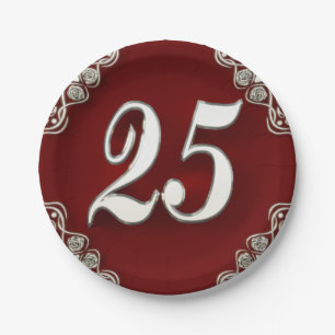 Assiettes En Carton 25ème Anniversaire ou argent majestueux et rouge