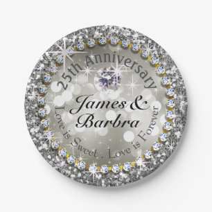 Assiettes En Carton 25ème Argent étincelant de Bling de diamant