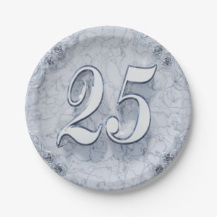 Assiettes En Carton 25ème Marbre argenté majestueux d'anniversaire o