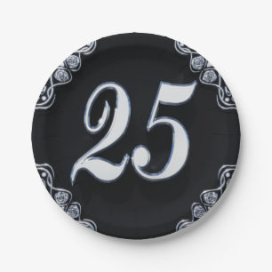 Assiettes En Carton 25ème Noir argenté majestueux d'anniversaire ou