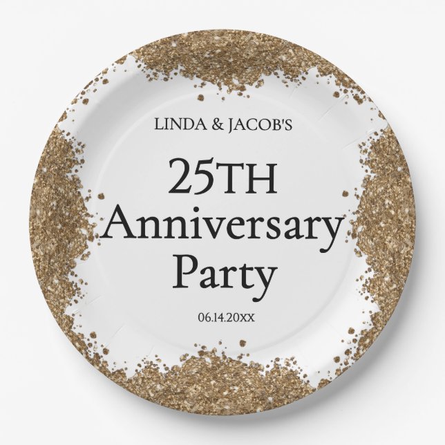 Assiettes En Carton 25th Wedding Anniversary Gold Faux Glitter  (Devant)