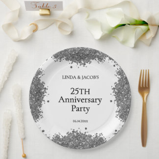 Assiettes En Carton 25th Wedding Anniversary Silver Faux Glitter 
