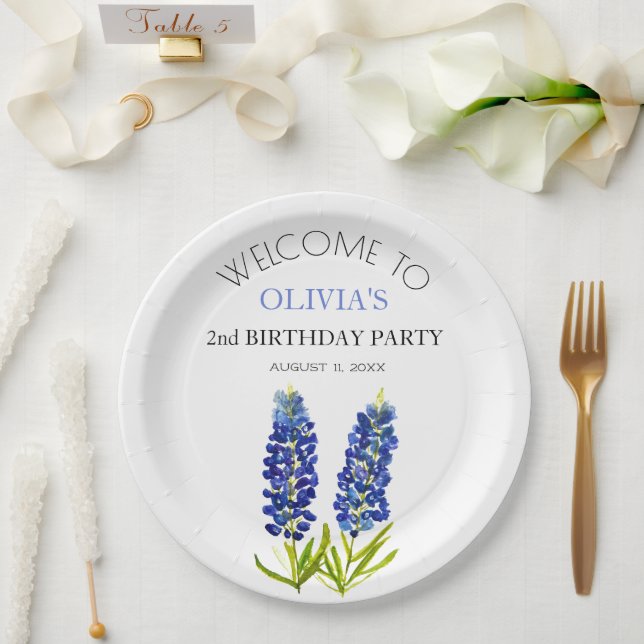 Assiettes En Carton 2e anniversaire fête Bluebonnets Fleurs Bébé Fille (Mariage)