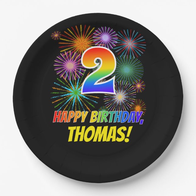 Assiettes En Carton 2ème anniversaire : Fun Motif Fireworks + Rainbow  (Devant)