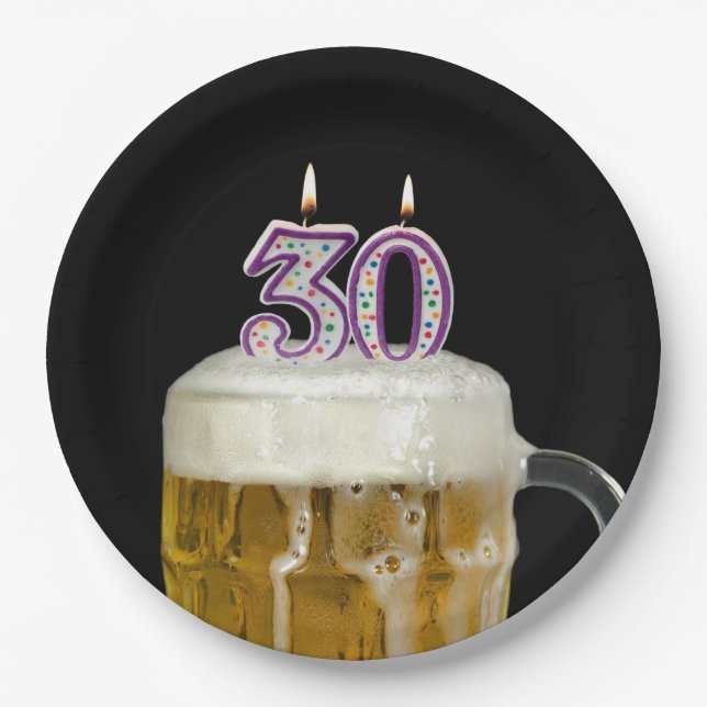 Assiettes En Carton 30e anniversaire Bière sur noir (Devant)