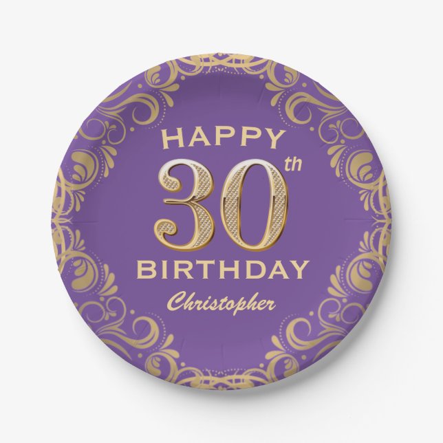 Assiettes En Carton 30e anniversaire de la Parties scintillant violet  (Devant)
