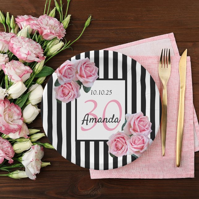 Assiettes En Carton 30e anniversaire florale rose noir rayures blanche (Créateur téléchargé)