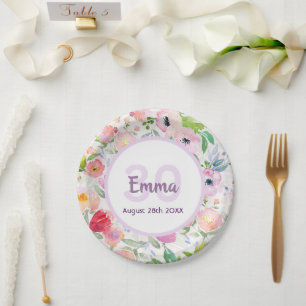 Assiettes En Carton 30e anniversaire floraux rose blanc nom