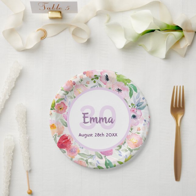 Assiettes En Carton 30e anniversaire floraux rose blanc nom (Mariage)