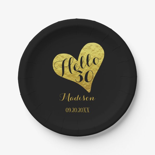 Assiettes En Carton 30e anniversaire Hello 30 Black and Faux Gold Hear (Devant)