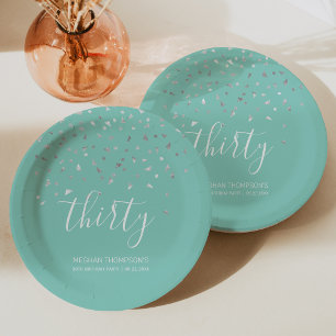 Assiettes En Carton 30e anniversaire Mint Green Silver Confetti