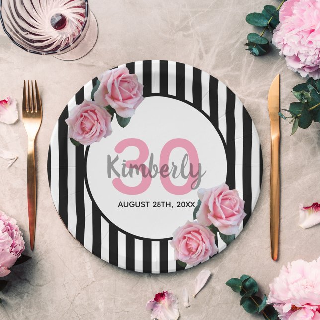 Assiettes En Carton 30e anniversaire noir rayures rose florales nom (Créateur téléchargé)
