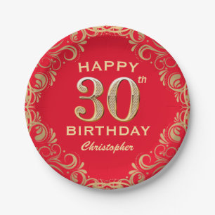 Assiettes En Carton 30e anniversaire Parties scintillant rouge et or c