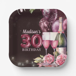 Assiettes En Carton 30e Anniversaire Vin & Ballons Personnalisé