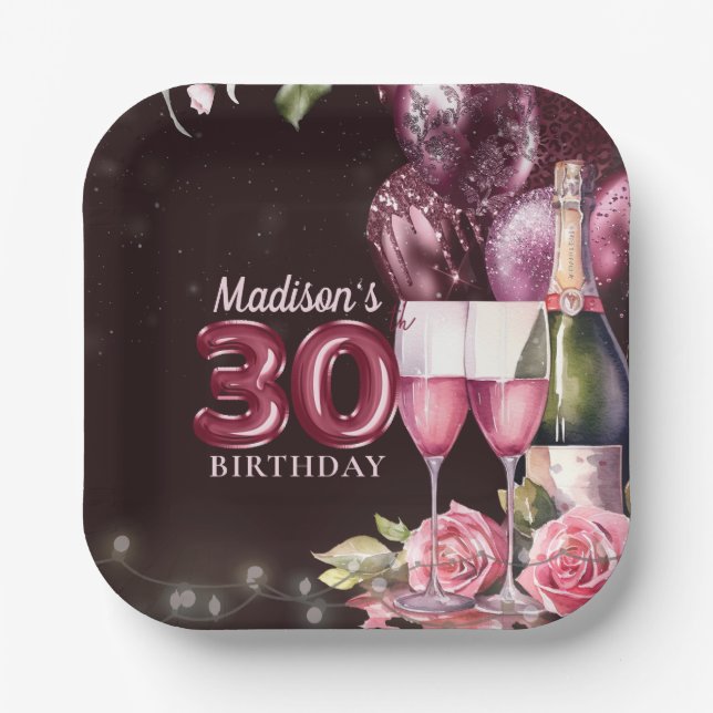 Assiettes En Carton 30e Anniversaire Vin & Ballons Personnalisé (Recto)
