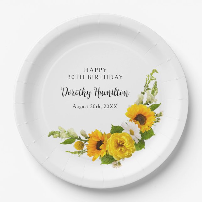 Assiettes En Carton 30e fête d'anniversaire Sunflower Daisy Custom (Devant)