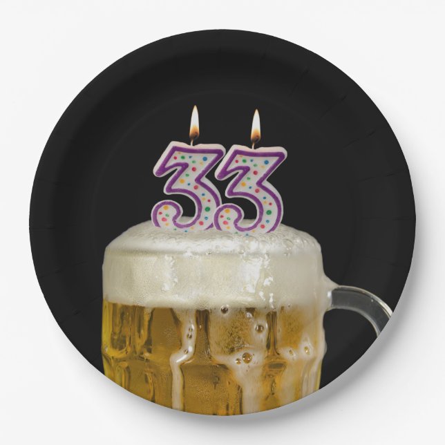 Assiettes En Carton 33e Anniversaire Bière sur noir (Devant)
