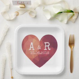 Assiettes En Carton 3d coeur rouge couple monogrammes et date