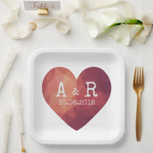 Assiettes En Carton 3d coeur rouge couple monogrammes et date