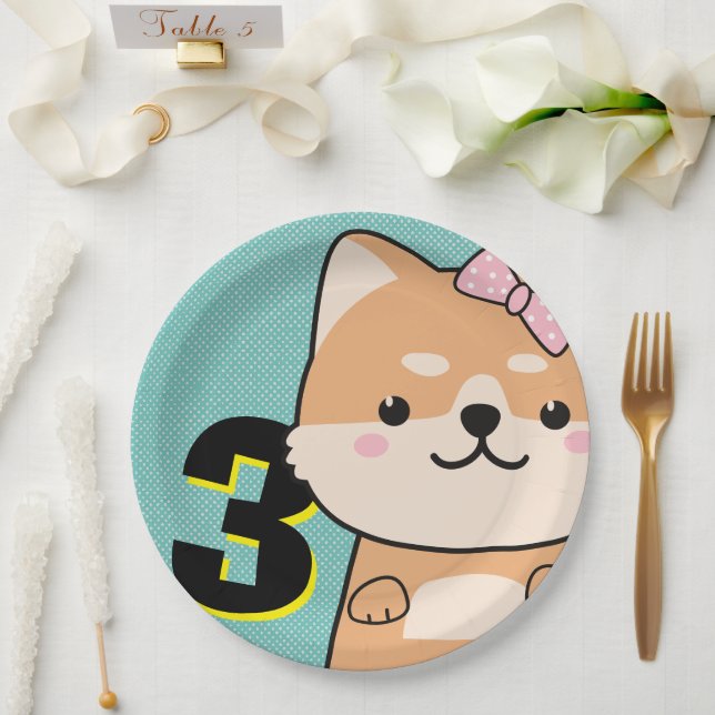 Assiettes En Carton 3ème anniversaire de fête Cute Shiba Inu Puppy Ang (Mariage)