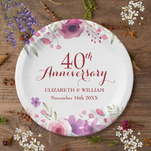 Assiettes En Carton 40 ans de mariage noces de rubis Roses Floral