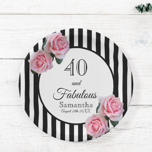 Assiettes En Carton 40 fabuleux anniversaire noir rayures rose florale