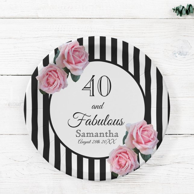 Assiettes En Carton 40 fabuleux anniversaire noir rayures rose florale (Créateur téléchargé)