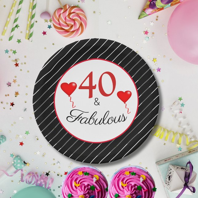 Assiettes En Carton 40 & Fabuleux Rouge 40e Anniversaire Noir Blanc Bl (40 & Fabulous Red 40th Birthday Black White Stripe Paper Plates)