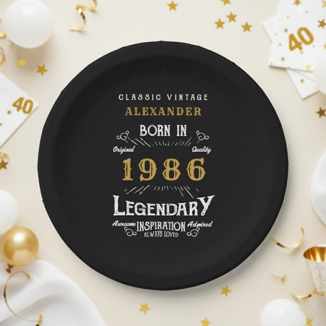 Assiettes En Carton 40e anniversaire 1986 légendaire rétro (1986 black paper plate on a white and gold background.)