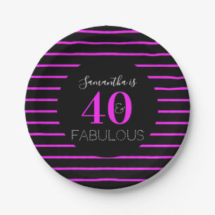 Assiettes En Carton 40e anniversaire 40 fabuleux Neon rose Stripe