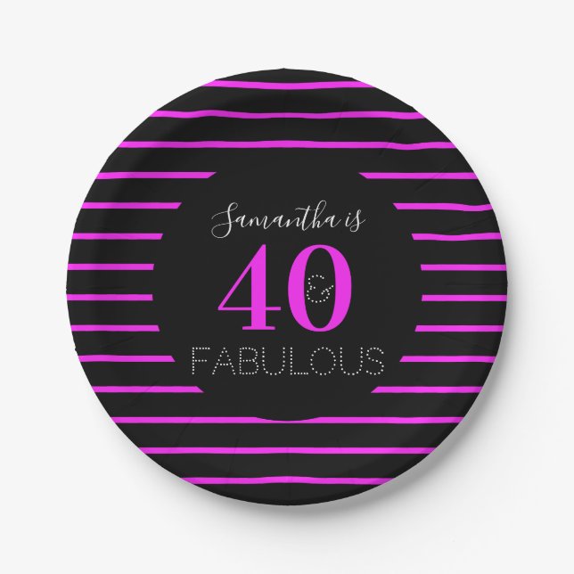 Assiettes En Carton 40e anniversaire 40 fabuleux Neon rose Stripe (Devant)