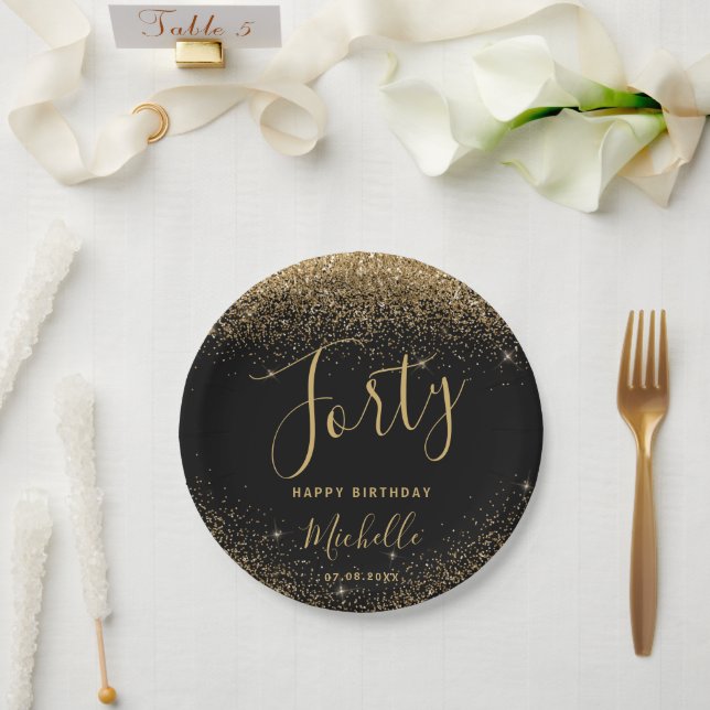 Assiettes En Carton 40e anniversaire Black Gold Parties scintillant No (Mariage)