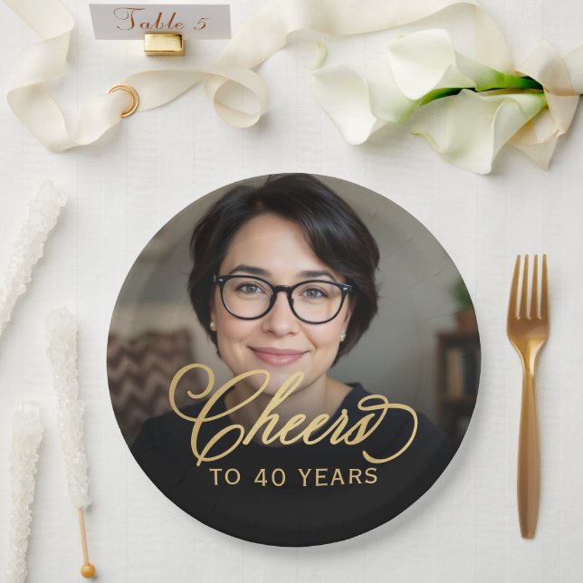 Assiettes En Carton 40e anniversaire de fête Photo Gold Script Cheers (Mariage)