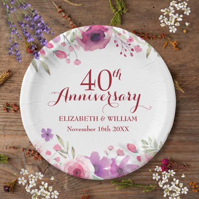 Assiettes En Carton 40e anniversaire de Mariage de Ruby Roses Floral (40th Ruby Wedding Anniversary Roses Floral Paper Plates)