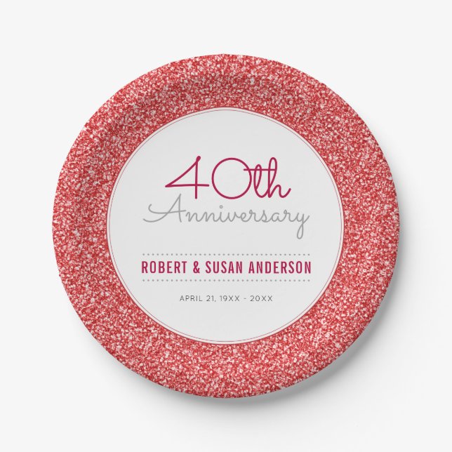 Assiettes En Carton 40e anniversaire de Mariage Parties scintillant ro (Devant)