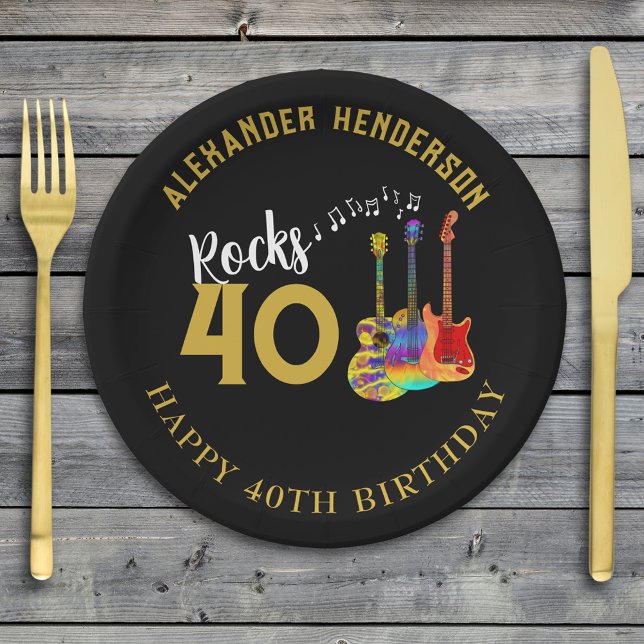 Assiettes En Carton 40e Anniversaire Fête Musique personnalisée Guitar (Rock and roll black and gold 40th birthday party paper plate)