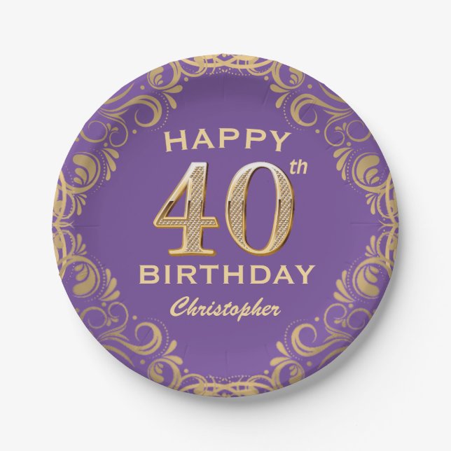 Assiettes En Carton 40e anniversaire fête violet et Parties scintillan (Devant)
