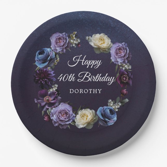 Assiettes En Carton 40e anniversaire Personnalisé Moody Purple Flower (Devant)