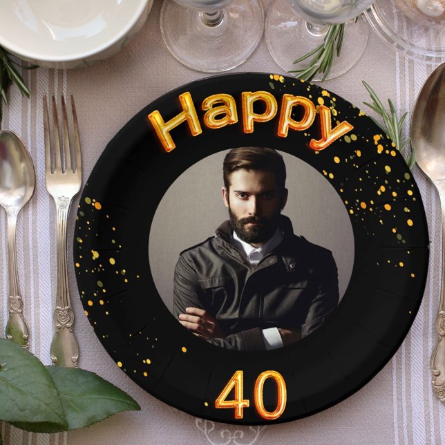 Assiettes En Carton 40e anniversaire photo ballons d'or noir (Créateur téléchargé)