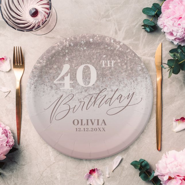 Assiettes En Carton 40e anniversaire Rose Parties scintillant d'or (Créateur téléchargé)