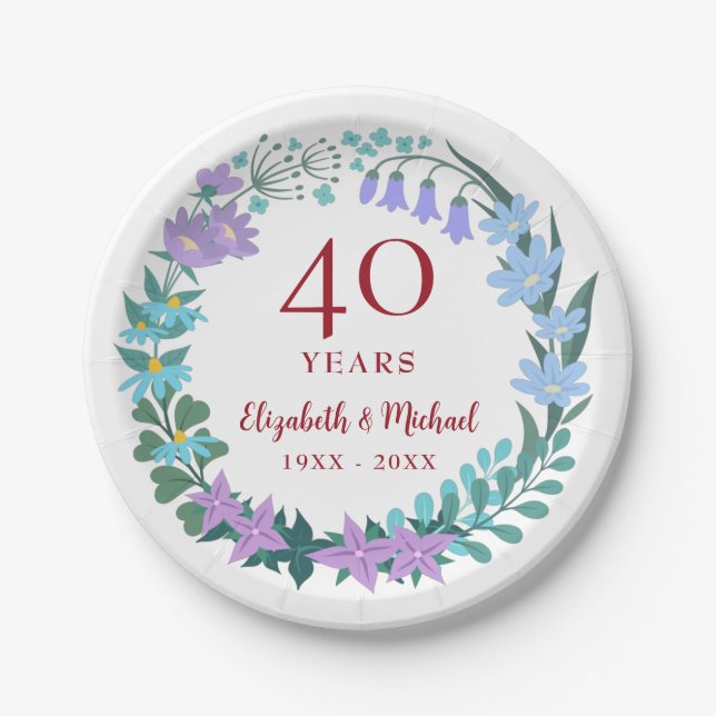 Assiettes En Carton 40e anniversaire Ruby Floral Bluebells Wreath (Devant)