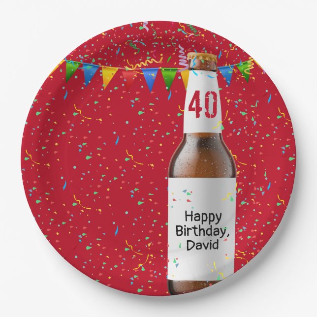 Assiettes En Carton 40e fête d'anniversaire Bière Bouteille Plaque de  (Devant)