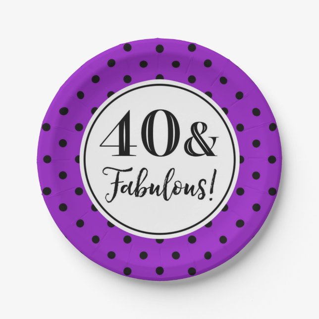 Assiettes En Carton 40e fête d'anniversaire Pots noirs blancs violets (Devant)