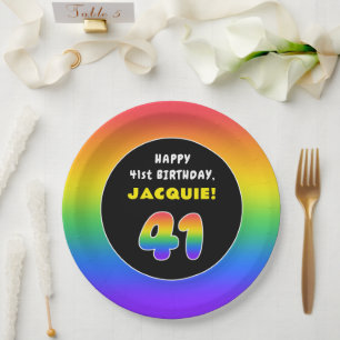 Assiettes En Carton 41st Birthday: Colorful Rainbow # 41, Custom Name