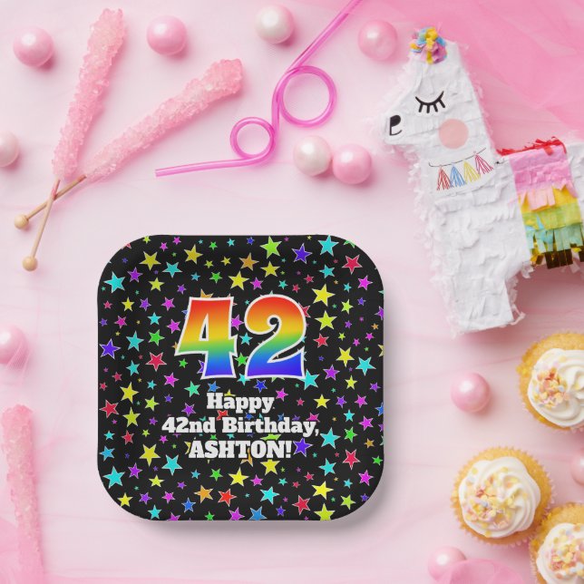 Assiettes En Carton 42e anniversaire : Fun Stars Motif et Rainbow "42" (Fête)