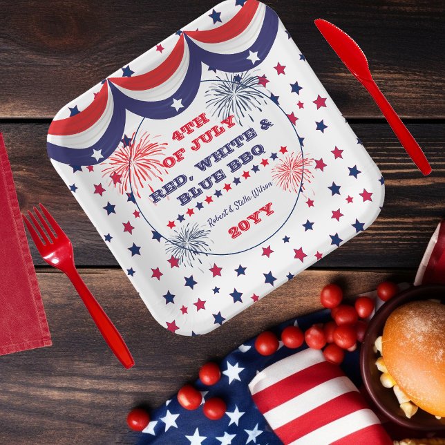 Assiettes En Carton 4 juillet barbecue blanc rouge et bleu (4th of July Red, White and Blue BBQ Square Paper Plates)