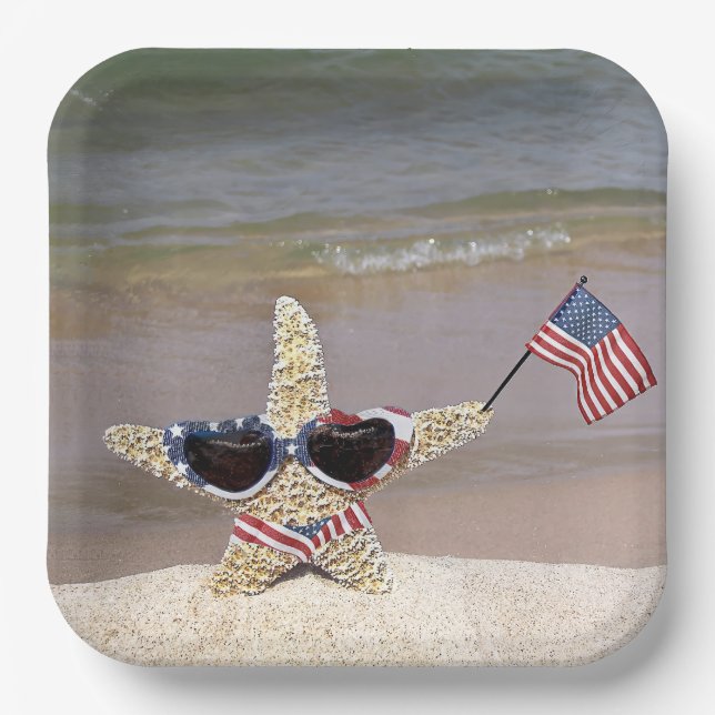 Assiettes En Carton 4 juillet étoile de mer avec drapeau (Recto)